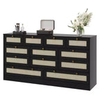 Wooden Dressers for Bedroom with 12 Drawers, 61 Wide TV Stand Dresser for 65 inch TV, Rattan Chest of Drawers for Living Room, Hallway