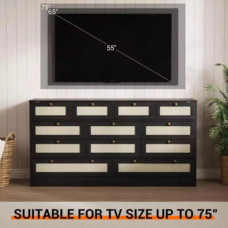 Wooden Dressers for Bedroom with 12 Drawers, 61 Wide TV Stand Dresser for 65 inch TV, Rattan Chest of Drawers for Living Room, Hallway