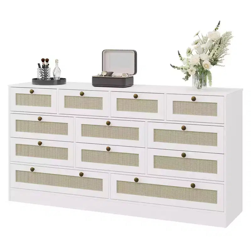 Wooden Dressers for Bedroom with 12 Drawers, 61 Wide TV Stand Dresser for 65 inch TV, Rattan Chest of Drawers for Living Room, Hallway