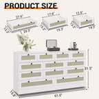 Wooden Dressers for Bedroom with 12 Drawers, 61 Wide TV Stand Dresser for 65 inch TV, Rattan Chest of Drawers for Living Room, Hallway