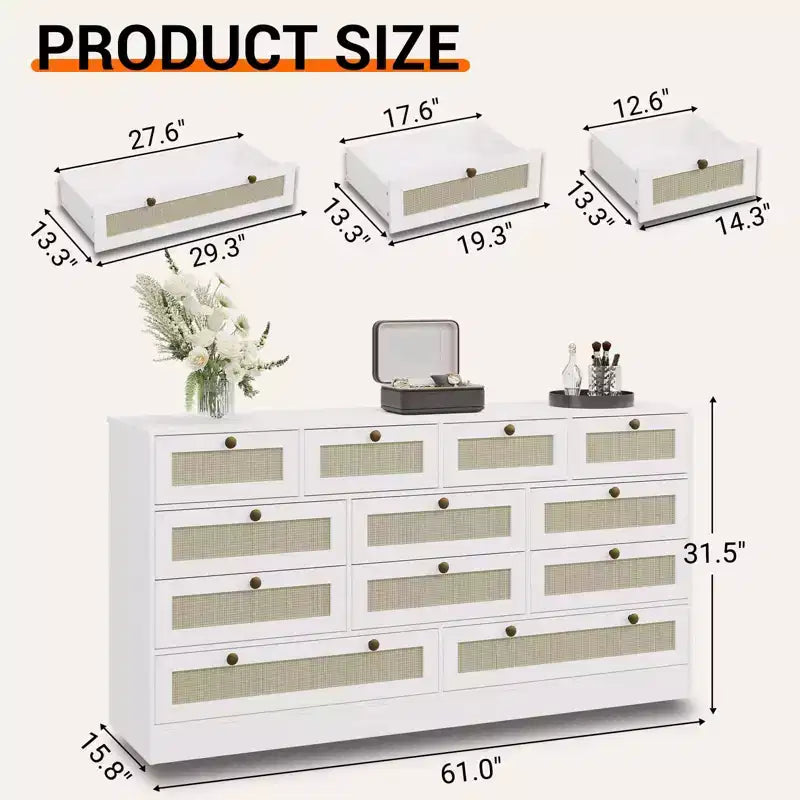 Wooden Dressers for Bedroom with 12 Drawers, 61 Wide TV Stand Dresser for 65 inch TV, Rattan Chest of Drawers for Living Room, Hallway