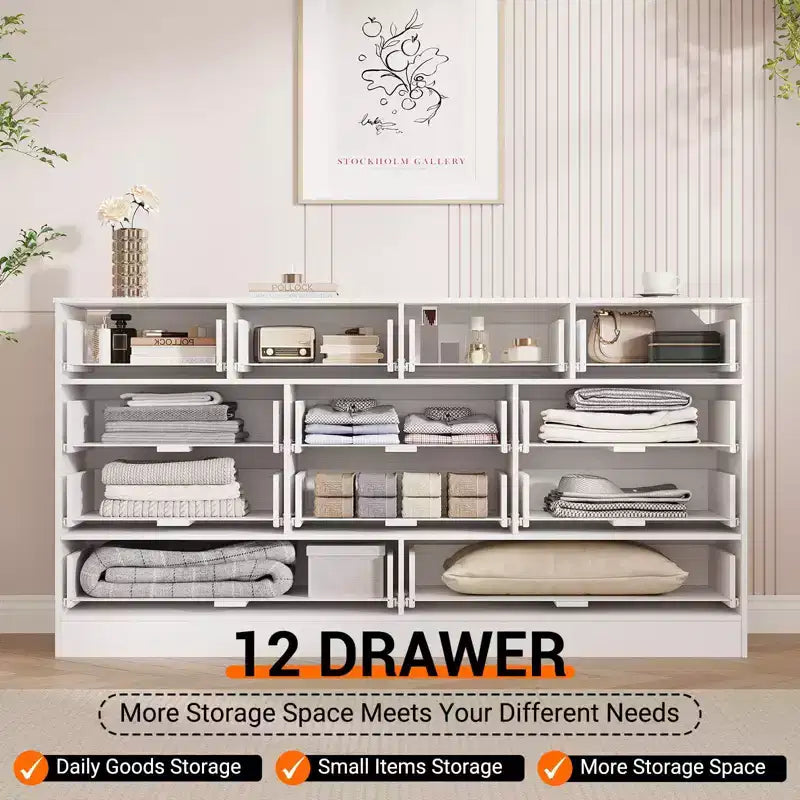 Wooden Dressers for Bedroom with 12 Drawers, 61 Wide TV Stand Dresser for 65 inch TV, Rattan Chest of Drawers for Living Room, Hallway