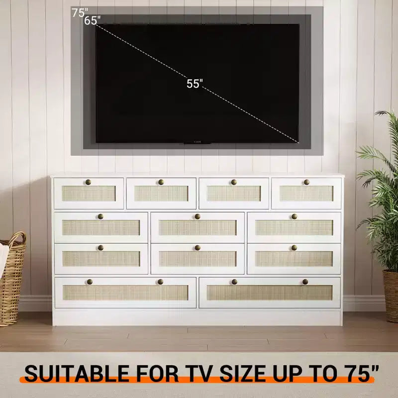 Wooden Dressers for Bedroom with 12 Drawers, 61 Wide TV Stand Dresser for 65 inch TV, Rattan Chest of Drawers for Living Room, Hallway