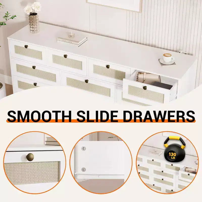 Wooden Dressers for Bedroom with 12 Drawers, 61 Wide TV Stand Dresser for 65 inch TV, Rattan Chest of Drawers for Living Room, Hallway