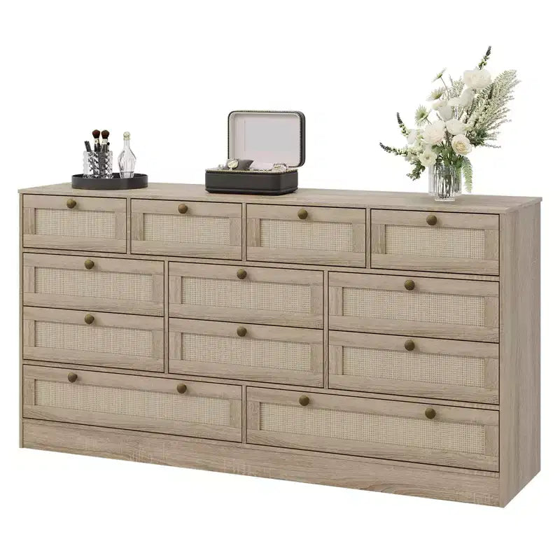 Wooden Dressers for Bedroom with 12 Drawers, 61 Wide TV Stand Dresser for 65 inch TV, Rattan Chest of Drawers for Living Room, Hallway