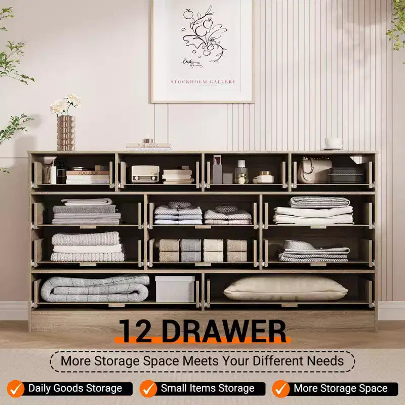 Wooden Dressers for Bedroom with 12 Drawers, 61 Wide TV Stand Dresser for 65 inch TV, Rattan Chest of Drawers for Living Room, Hallway