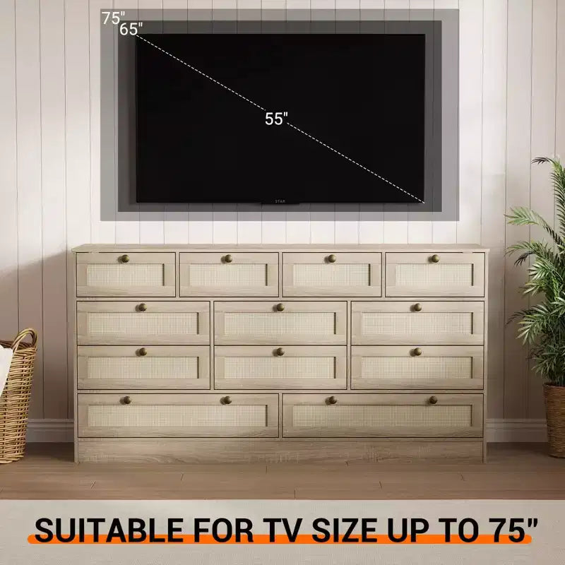Wooden Dressers for Bedroom with 12 Drawers, 61 Wide TV Stand Dresser for 65 inch TV, Rattan Chest of Drawers for Living Room, Hallway
