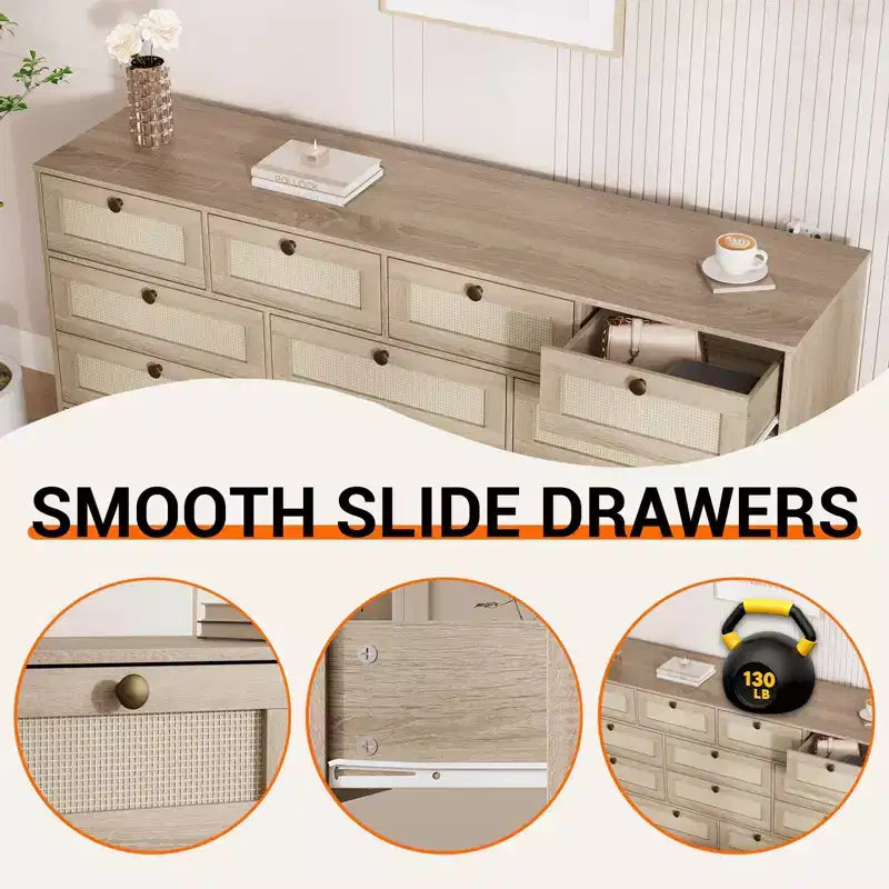 Wooden Dressers for Bedroom with 12 Drawers, 61 Wide TV Stand Dresser for 65 inch TV, Rattan Chest of Drawers for Living Room, Hallway