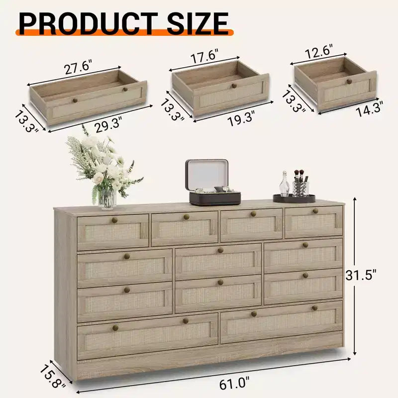 Wooden Dressers for Bedroom with 12 Drawers, 61 Wide TV Stand Dresser for 65 inch TV, Rattan Chest of Drawers for Living Room, Hallway