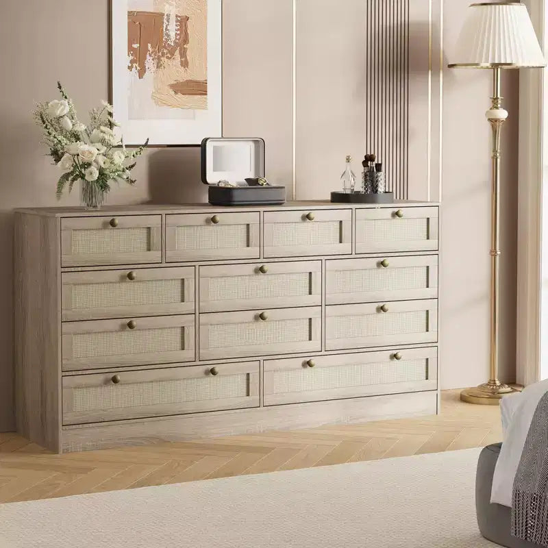 Wooden Dressers for Bedroom with 12 Drawers, 61 Wide TV Stand Dresser for 65 inch TV, Rattan Chest of Drawers for Living Room, Hallway