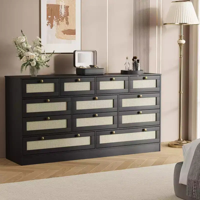 Cassettiera in legno per camera da letto con 12 cassetti, mobile TV largo 155 cm per TV da 65 pollici, cassettiera in rattan per soggiorno, corridoio