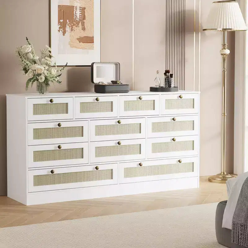 Cassettiera in legno per camera da letto con 12 cassetti, mobile TV largo 155 cm per TV da 65 pollici, cassettiera in rattan per soggiorno, corridoio