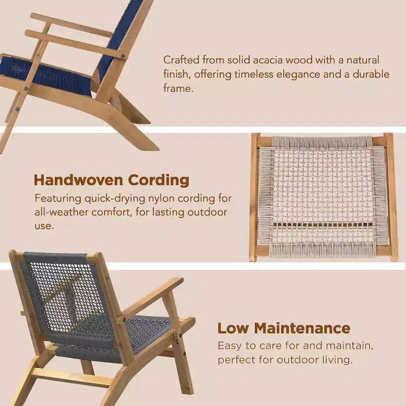 Balkene Home 63634 Vega Natural Stain Outdoor Chair  Acacia Wood, Woven Web Seat, Mid-Century Reclining Armchair for Patio, Garden, Deck  Navy Blue