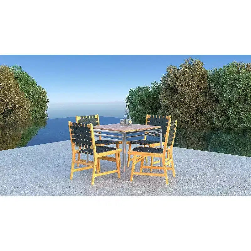 Balkene Home 63710 Sava Sedia da pranzo senza braccioli per interni/esterni Rattan per tutte le stagioni, legno di acacia portatile a profilo basso con seduta intrecciata, fettuccia nera