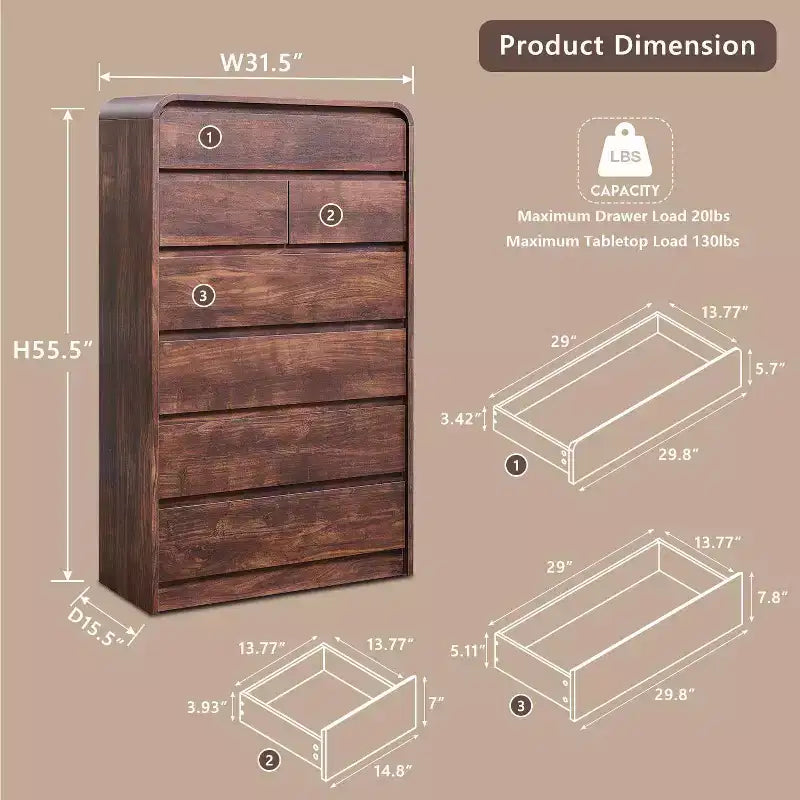 Comò a 7 cassetti per camera da letto, cassettiere moderne con profilo curvo, comò in legno per soggiorno