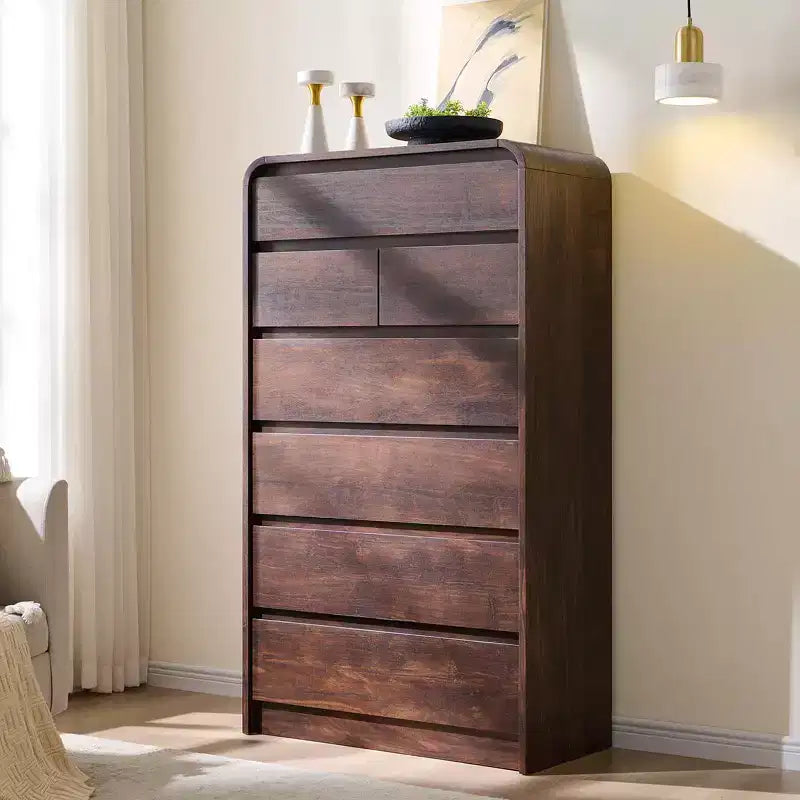 Comò a 7 cassetti per camera da letto, cassettiere moderne con profilo curvo, comò in legno per soggiorno