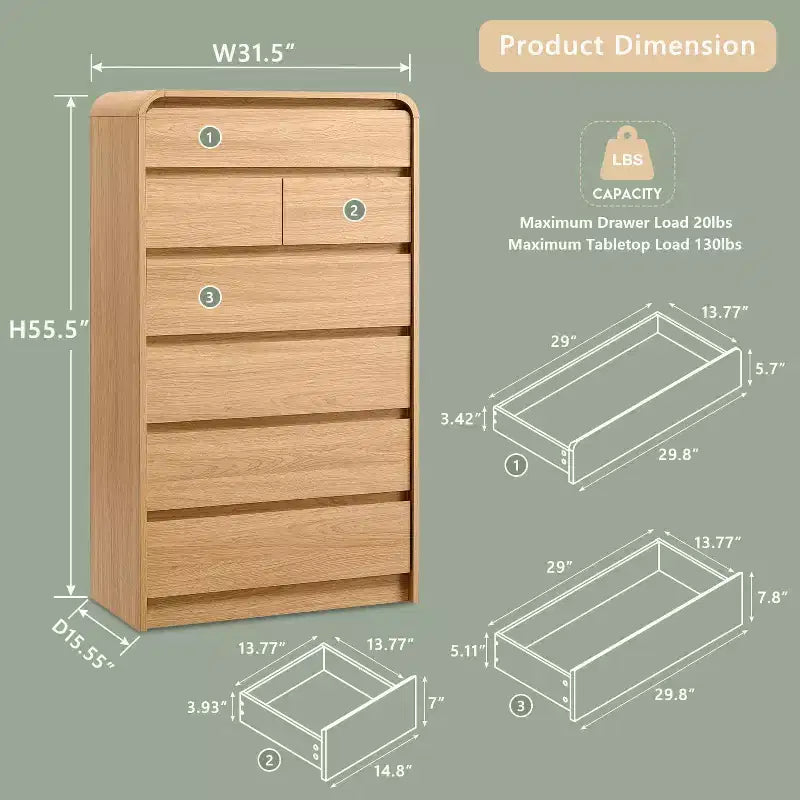 Comò a 7 cassetti per camera da letto, cassettiere moderne con profilo curvo, comò in legno per soggiorno