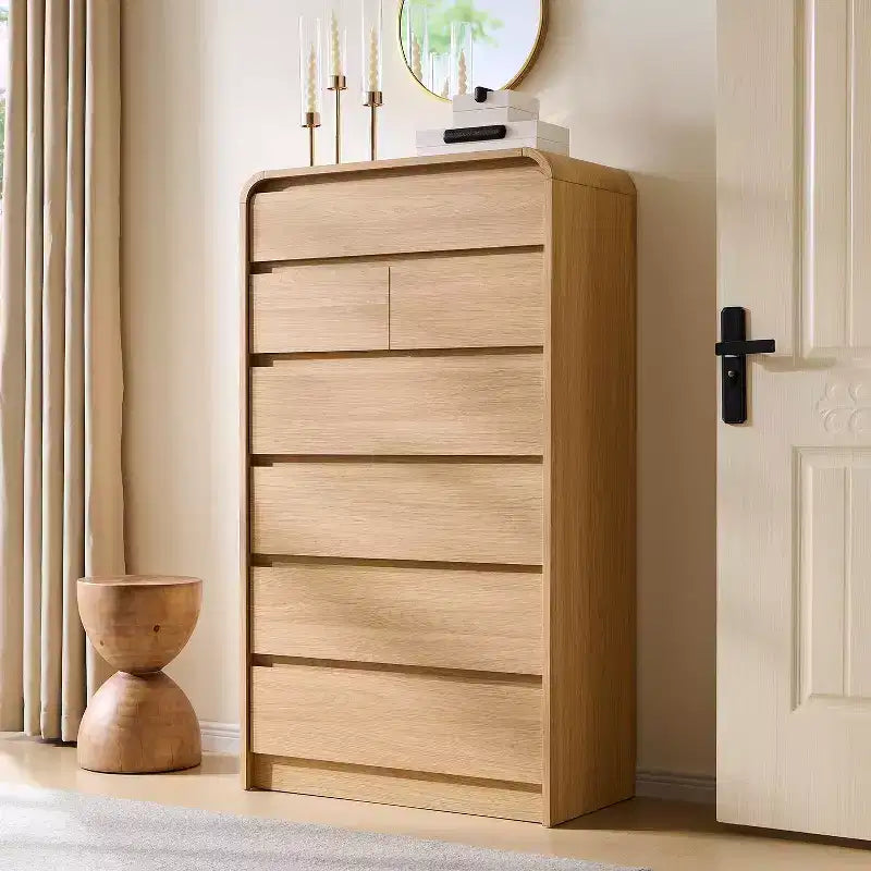 Comò a 7 cassetti per camera da letto, cassettiere moderne con profilo curvo, comò in legno per soggiorno