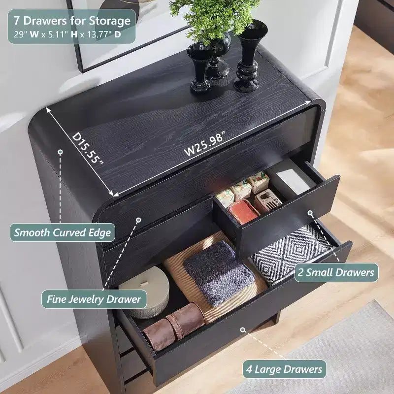 Comò a 7 cassetti per camera da letto, cassettiere moderne con profilo curvo, comò in legno per soggiorno