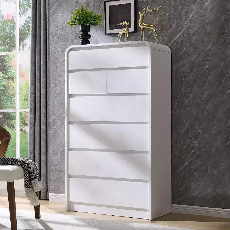 Comò a 7 cassetti per camera da letto, cassettiere moderne con profilo curvo, comò in legno per soggiorno