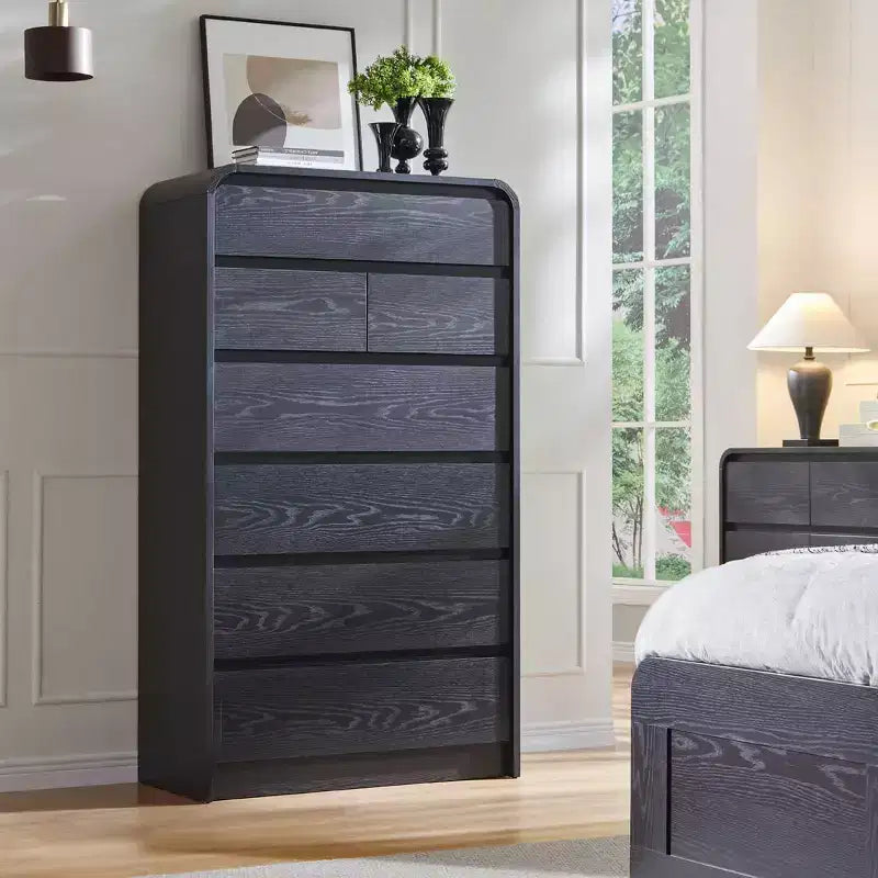 Comò a 7 cassetti per camera da letto, cassettiere moderne con profilo curvo, comò in legno per soggiorno