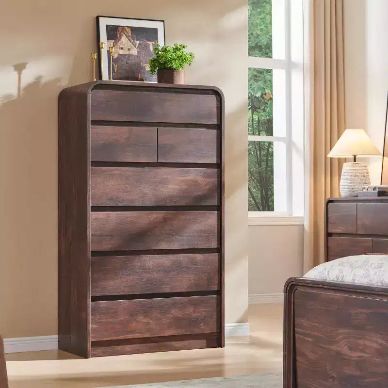 Comò a 7 cassetti per camera da letto, cassettiere moderne con profilo curvo, comò in legno per soggiorno