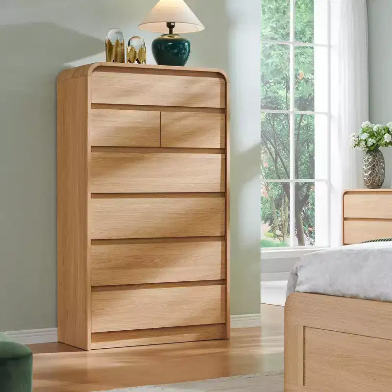 Comò a 7 cassetti per camera da letto, cassettiere moderne con profilo curvo, comò in legno per soggiorno