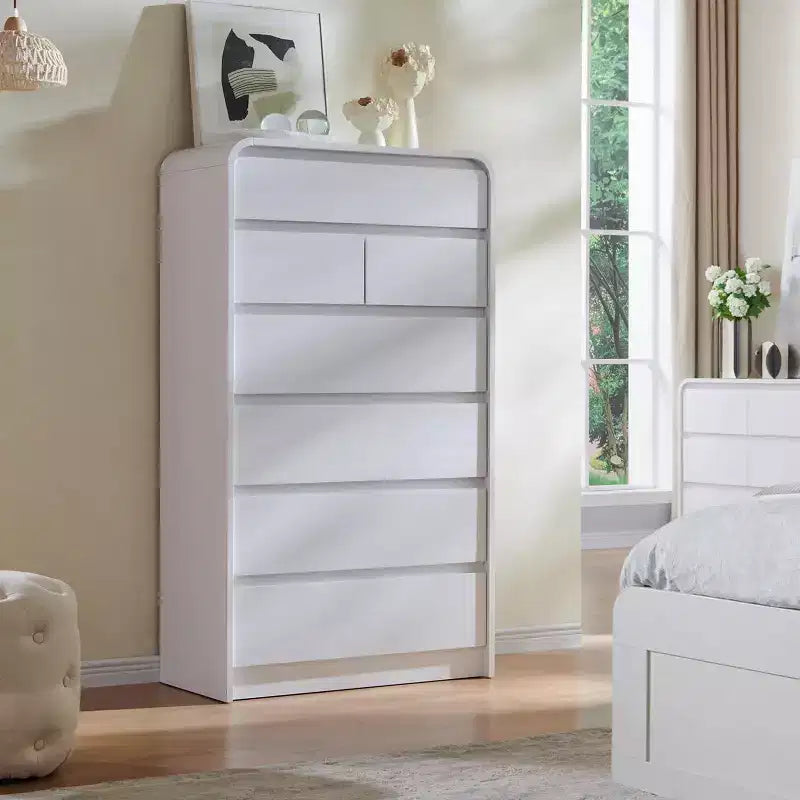 Comò a 7 cassetti per camera da letto, cassettiere moderne con profilo curvo, comò in legno per soggiorno