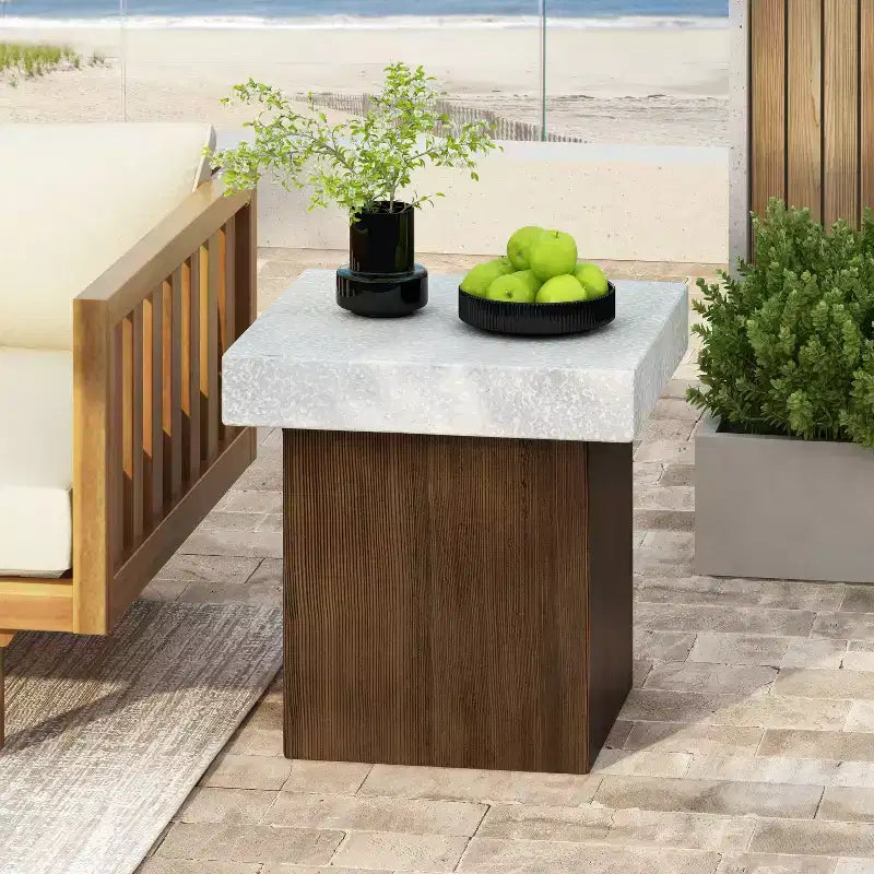 MAYEERTY 1 Pack Square Side Table, Faux Stone & Wood Texture End Table for Indoor Outdoor Living Room, Patio, Bedroom