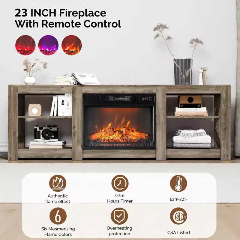 Farmhouse 70'' TV Stand For Tvs Up To 70'' With 23'' Electric Fireplace and Adjustable Shelves