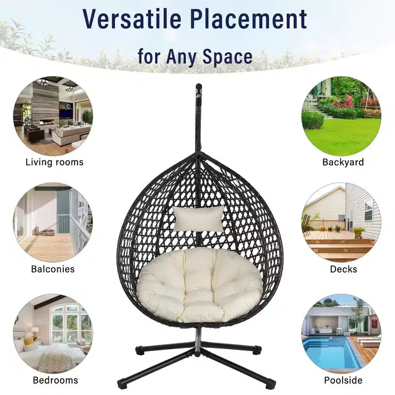 GDFStudio Anderson Hanging Egg Rattan Chair with Stand and Soft Removable Cushion