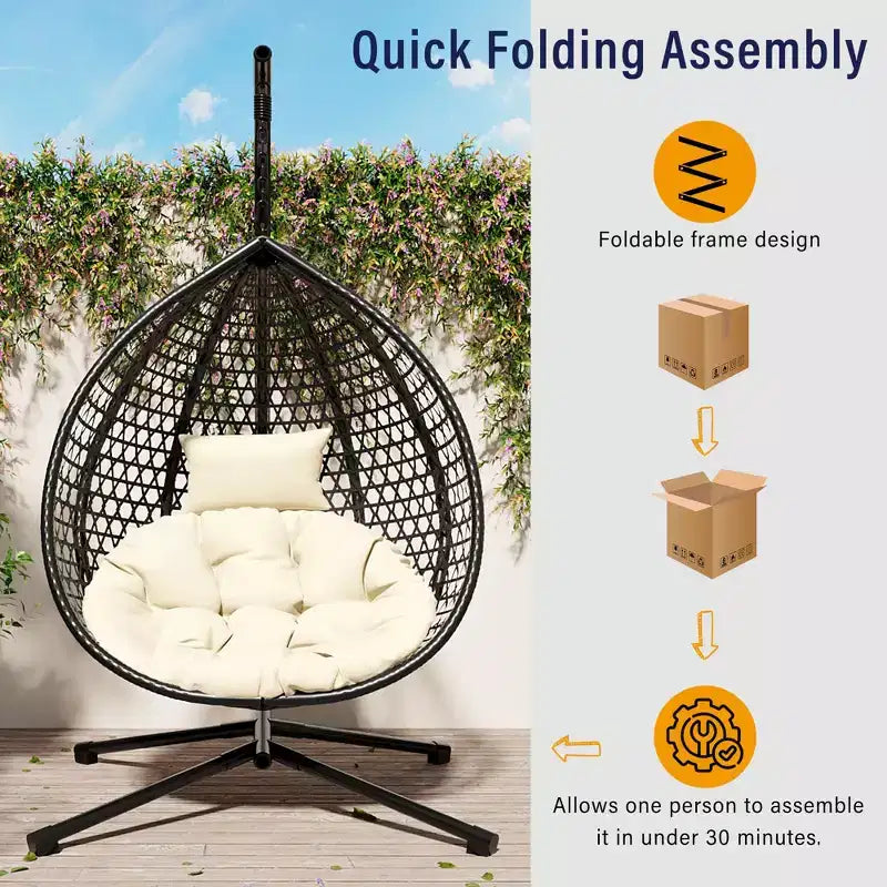 GDFStudio Anderson Hanging Egg Rattan Chair with Stand and Soft Removable Cushion