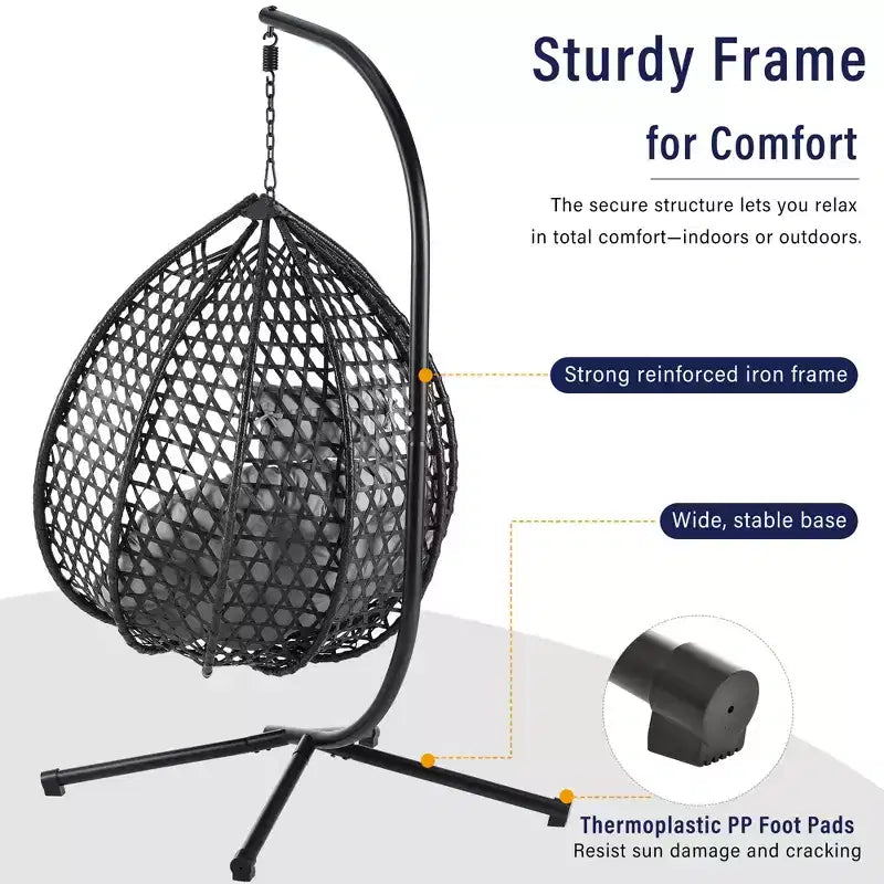 GDFStudio Anderson Hanging Egg Rattan Chair with Stand and Soft Removable Cushion
