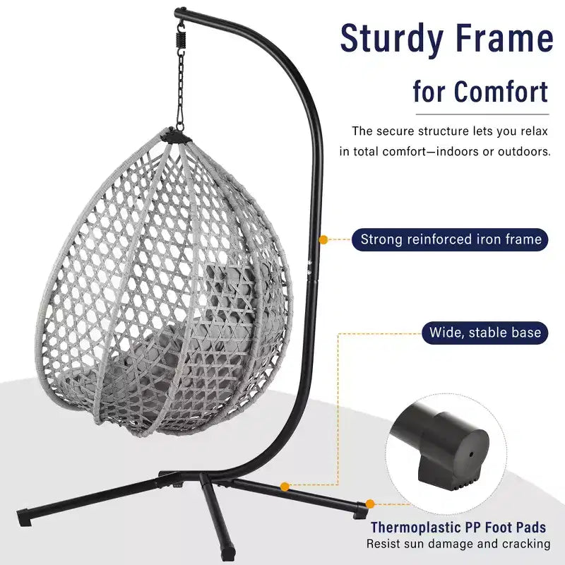 GDFStudio Anderson Hanging Egg Rattan Chair with Stand and Soft Removable Cushion