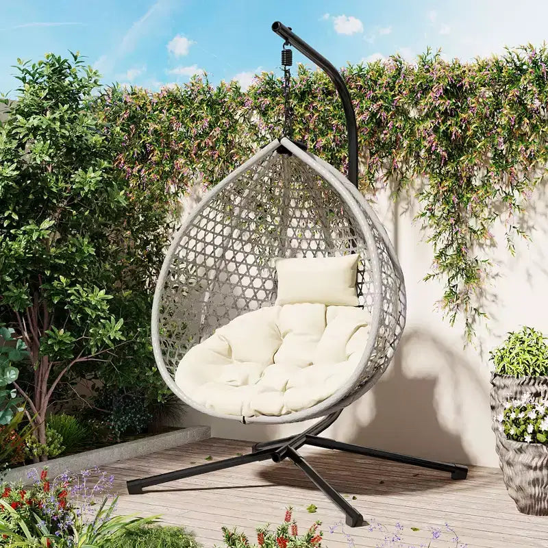 GDFStudio Anderson Hanging Egg Rattan Chair with Stand and Soft Removable Cushion