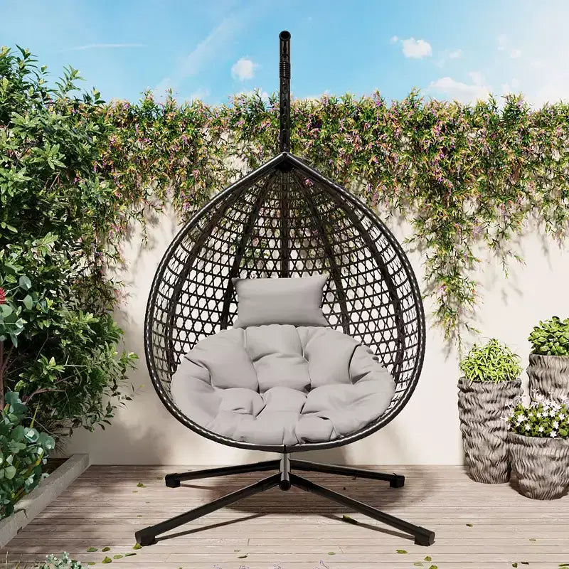 GDFStudio Sedia sospesa a uovo Anderson in rattan con supporto e morbido cuscino rimovibile