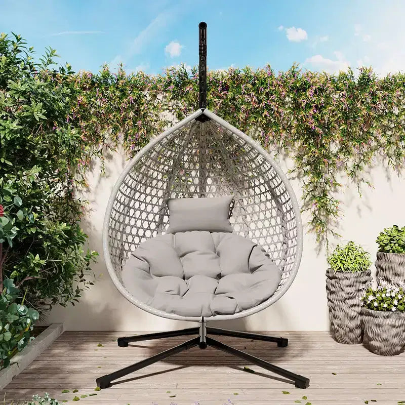 GDFStudio Sedia sospesa a uovo Anderson in rattan con supporto e morbido cuscino rimovibile