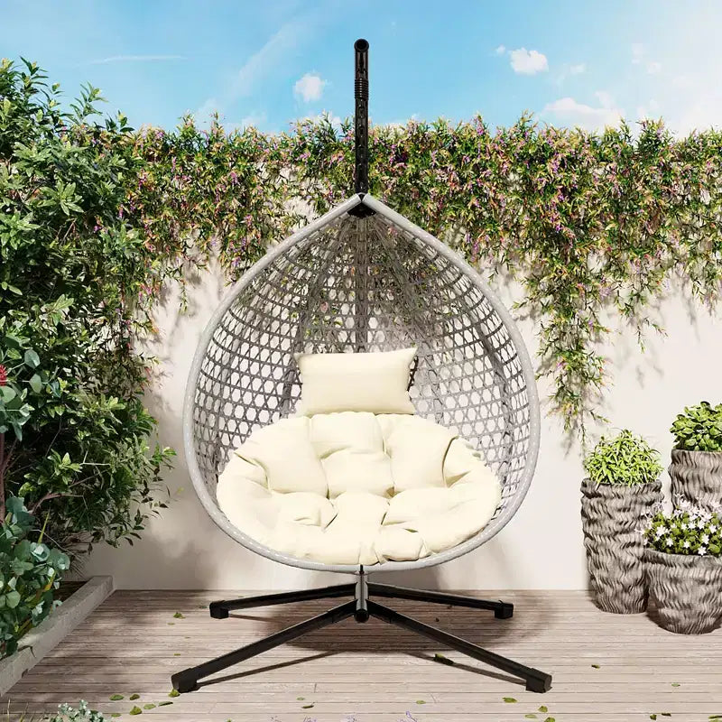 GDFStudio Sedia sospesa a uovo Anderson in rattan con supporto e morbido cuscino rimovibile
