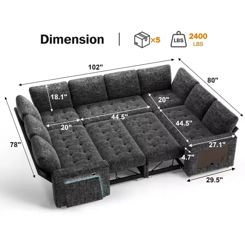 Dyonery 8 Seat U Shaped Modular Sectional Sleeper Sofa with Pull Out Bed/Reclining Backrest/USB Ports/Table/Storage, Tool-Free Assembly