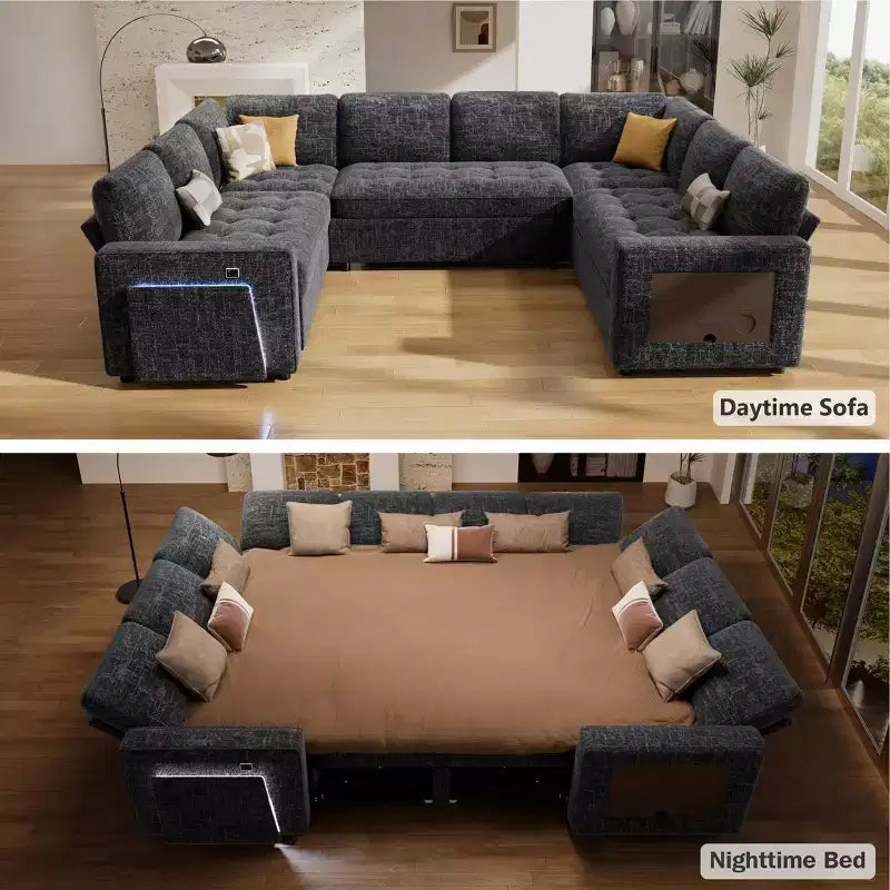 Dyonery 8 Seat U Shaped Modular Sectional Sleeper Sofa with Pull Out Bed/Reclining Backrest/USB Ports/Table/Storage, Tool-Free Assembly