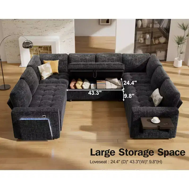 Dyonery 8 Seat U Shaped Modular Sectional Sleeper Sofa with Pull Out Bed/Reclining Backrest/USB Ports/Table/Storage, Tool-Free Assembly