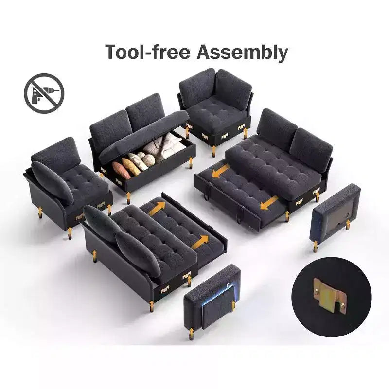Dyonery 8 Seat U Shaped Modular Sectional Sleeper Sofa with Pull Out Bed/Reclining Backrest/USB Ports/Table/Storage, Tool-Free Assembly
