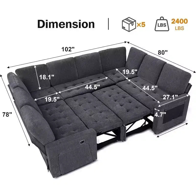 Dyonery 8 Seat U Shaped Modular Sectional Sleeper Sofa with Pull Out Bed/Reclining Backrest/USB Ports/Table/Storage, Tool-Free Assembly
