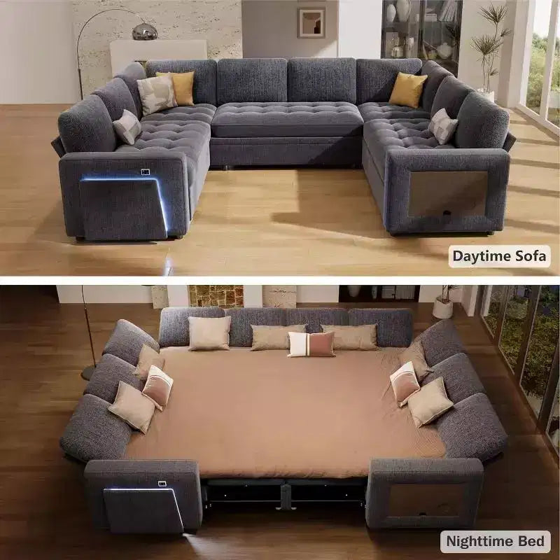 Dyonery 8 Seat U Shaped Modular Sectional Sleeper Sofa with Pull Out Bed/Reclining Backrest/USB Ports/Table/Storage, Tool-Free Assembly