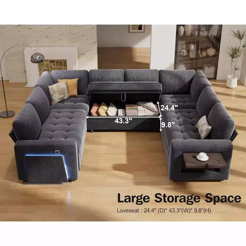 Dyonery 8 Seat U Shaped Modular Sectional Sleeper Sofa with Pull Out Bed/Reclining Backrest/USB Ports/Table/Storage, Tool-Free Assembly