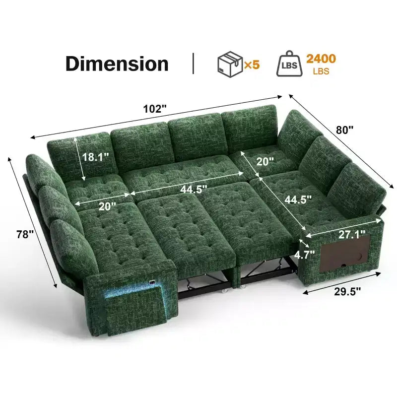 Dyonery 8 Seat U Shaped Modular Sectional Sleeper Sofa with Pull Out Bed/Reclining Backrest/USB Ports/Table/Storage, Tool-Free Assembly