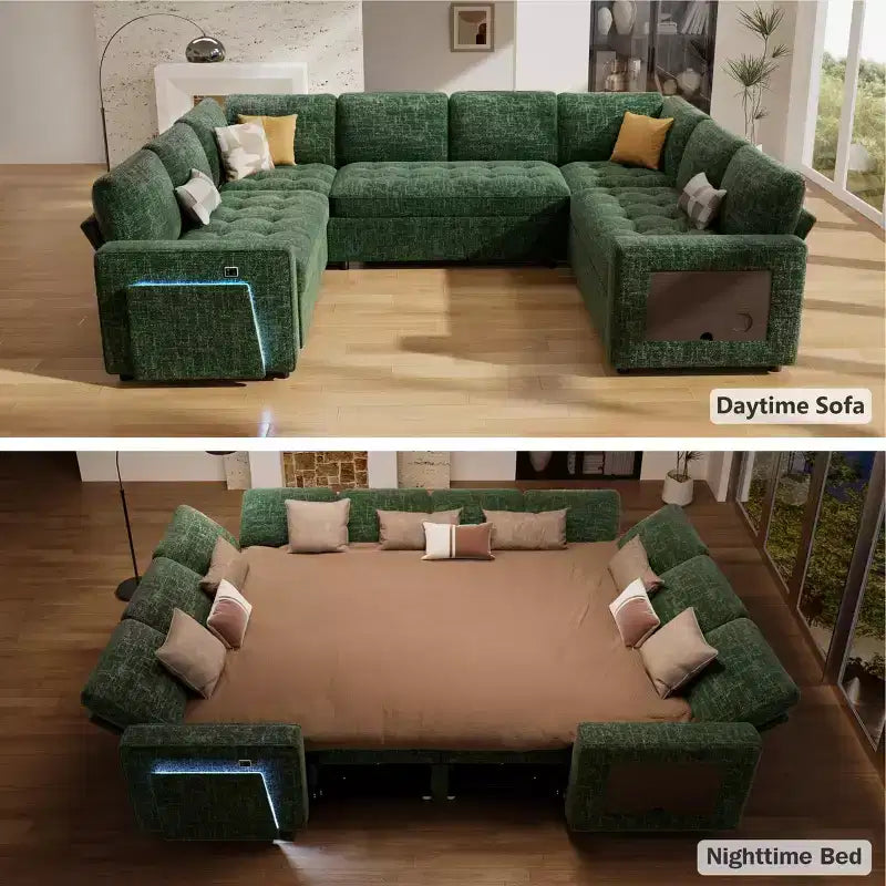 Dyonery 8 Seat U Shaped Modular Sectional Sleeper Sofa with Pull Out Bed/Reclining Backrest/USB Ports/Table/Storage, Tool-Free Assembly