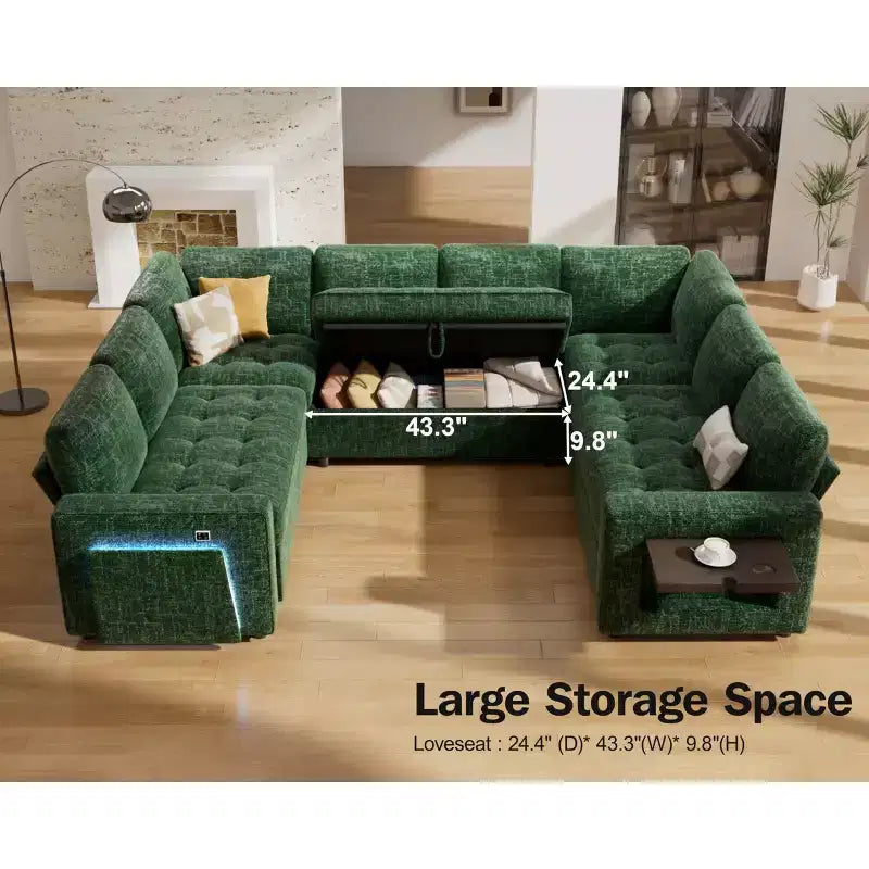 Dyonery 8 Seat U Shaped Modular Sectional Sleeper Sofa with Pull Out Bed/Reclining Backrest/USB Ports/Table/Storage, Tool-Free Assembly