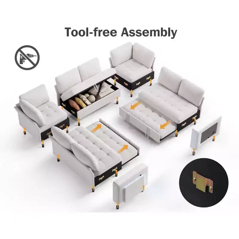Dyonery 8 Seat U Shaped Modular Sectional Sleeper Sofa with Pull Out Bed/Reclining Backrest/USB Ports/Table/Storage, Tool-Free Assembly