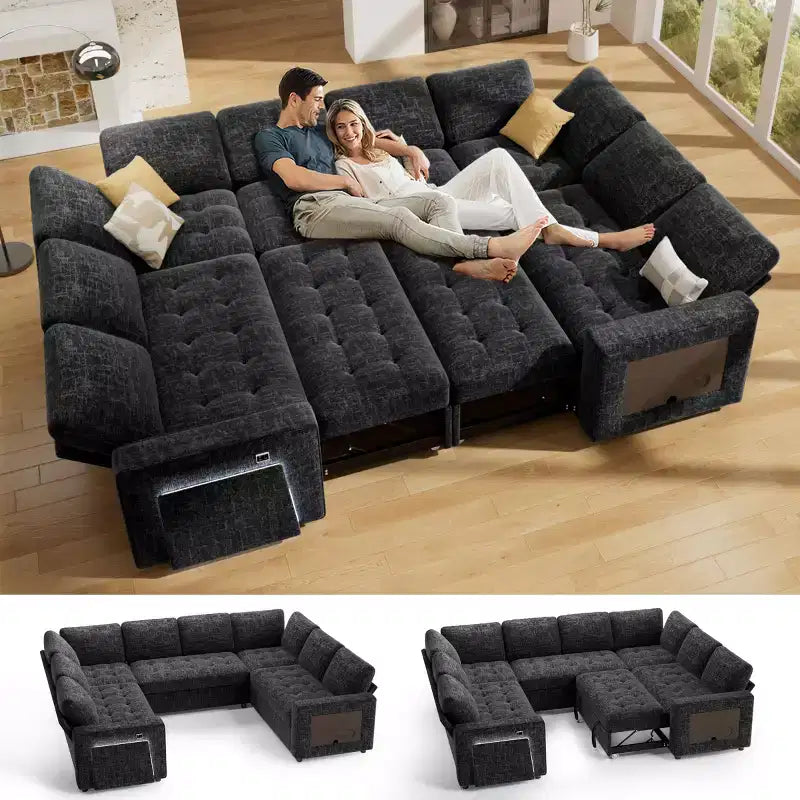 Dyonery 8 Seat U Shaped Modular Sectional Sleeper Sofa with Pull Out Bed/Reclining Backrest/USB Ports/Table/Storage, Tool-Free Assembly